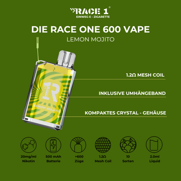 Race One Einweg E-Zigarette - 20mg - Lemon Mojito